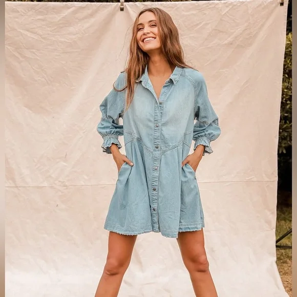 Free People We the Free Hannah Long Sleeve Denim Mini Dress - Picture 2 of 9